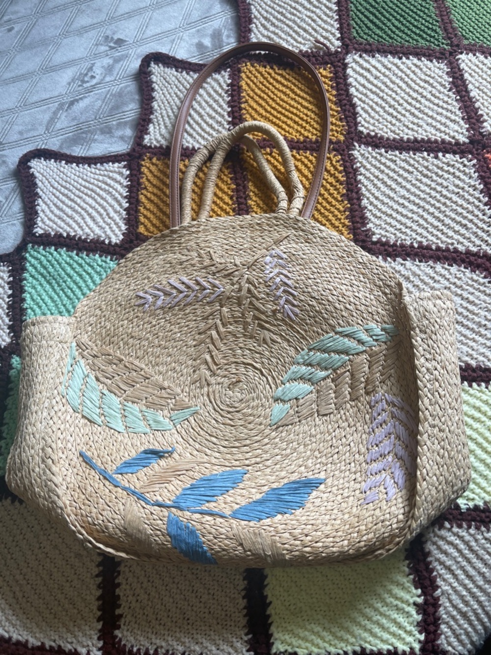 Woven Straw Tote Bag with Pastel Embroidery - Natural